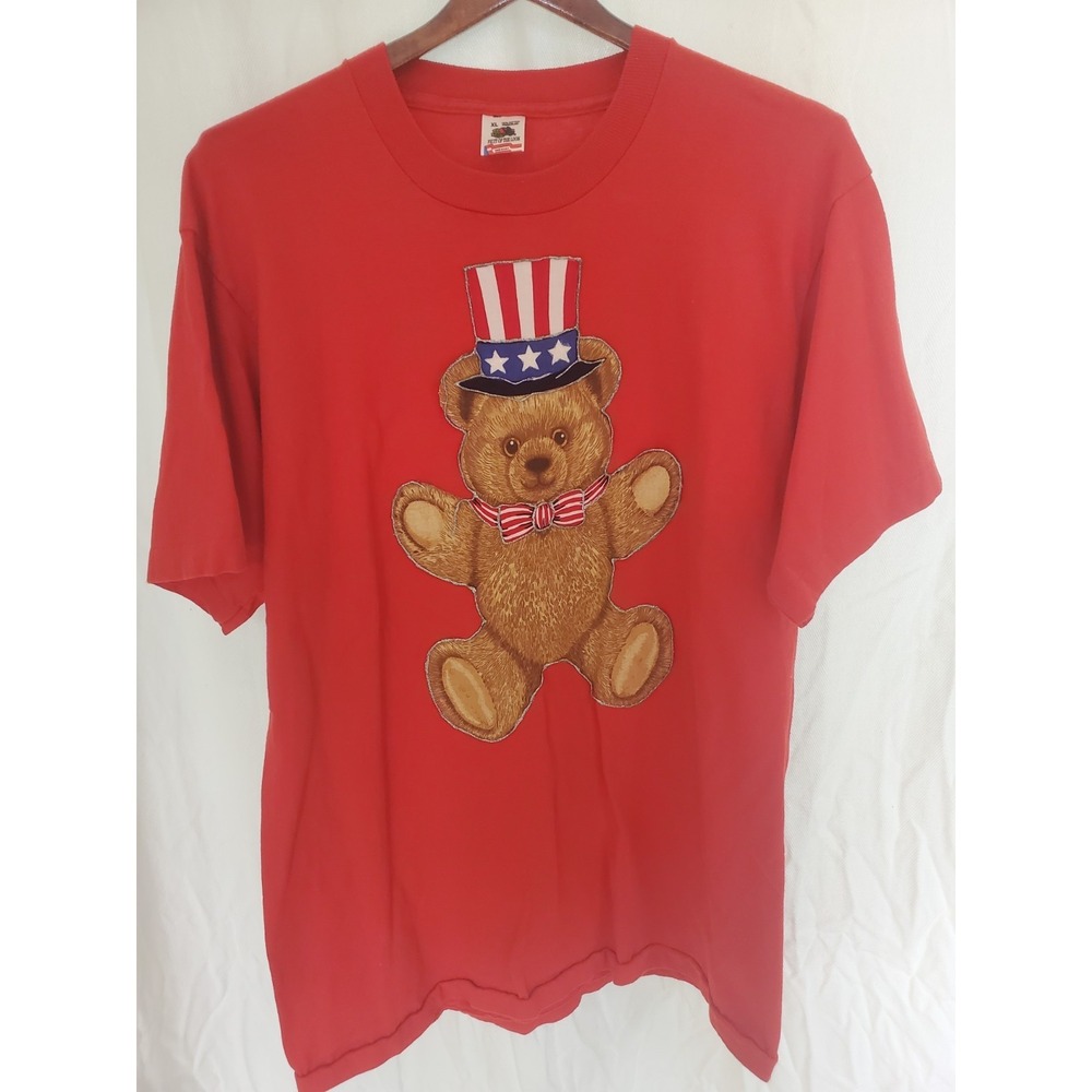 Vintage Fruit of the Loom Uncle Sam Teddy Bear Red T-Shirt XL Single Stitch USA